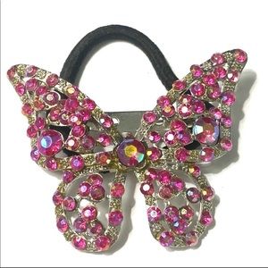 Ponytail Holder Brooch Pink Rhinestones 2 In 1 Butterfly